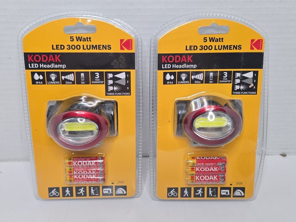 2x Kodak 300 Lumens Led Headlamp night 5 Watt 50m 5 Hours HLO3